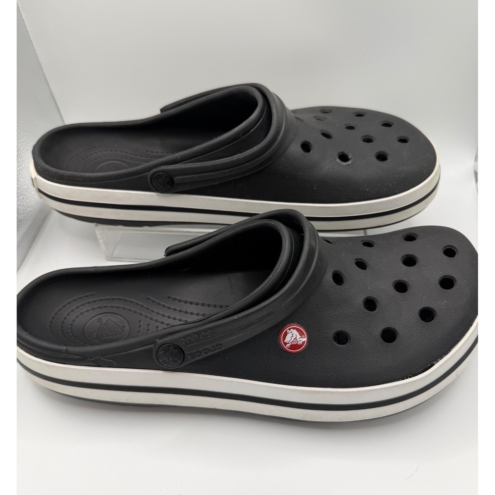Crocs Crocband Clogs Sandals Men's Size 11  Black/White Retro Racing Stripe Logo